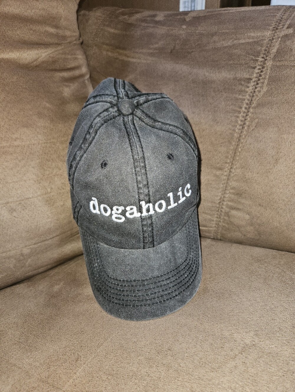 Vintage-Washed Black Baseball Cap w/ White Embroidered "dogaholic" Script